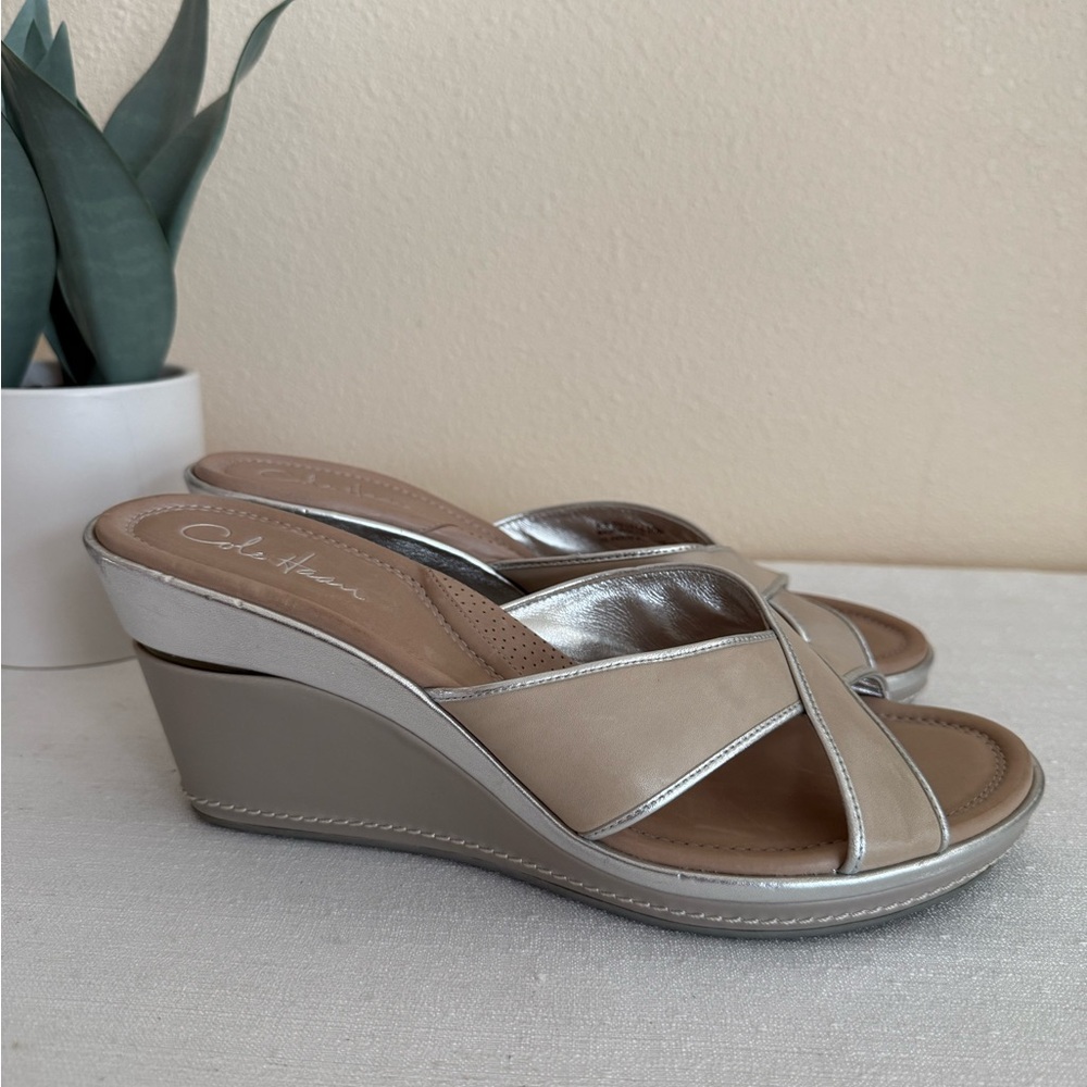 Cole Haan Bike Air Beige/Silver Cross Strap Leather Wedge Sandals